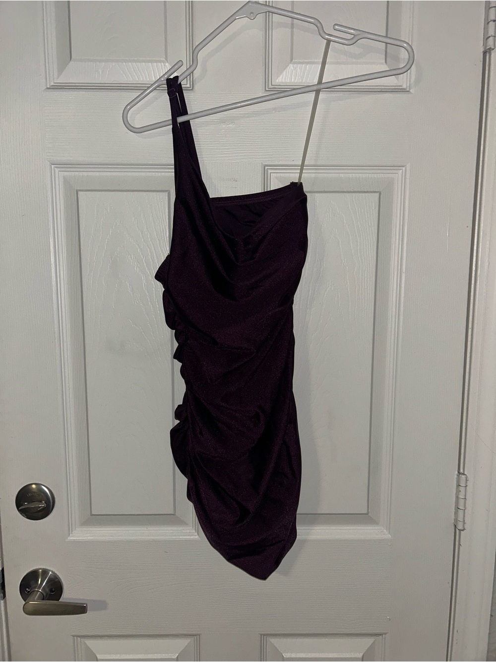 Xtraordinary One-Shoulder Ruched Mini Dress in Plum